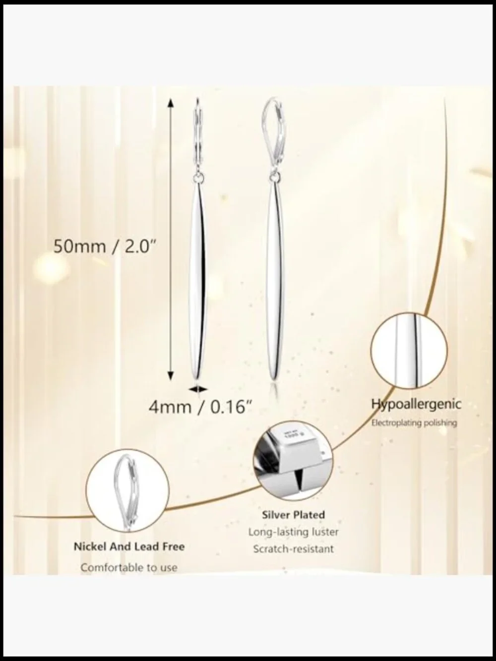 Sterling Silver Gold Plated Long Dangle Drop Earrings Minimalist Leverback - Picture 4 of 7
